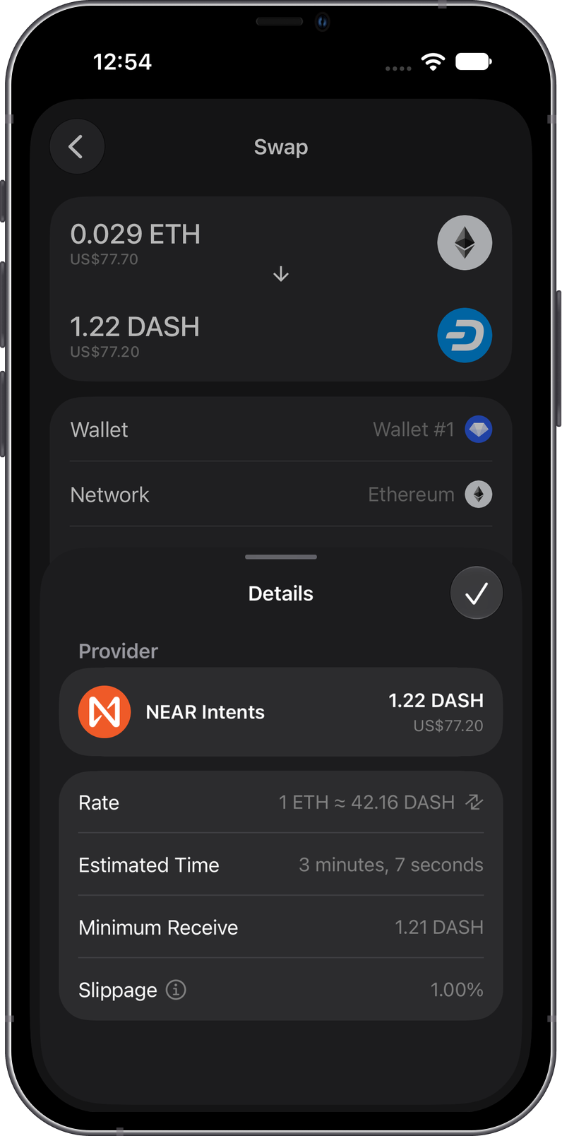 Review an ETH to DASH swap quote