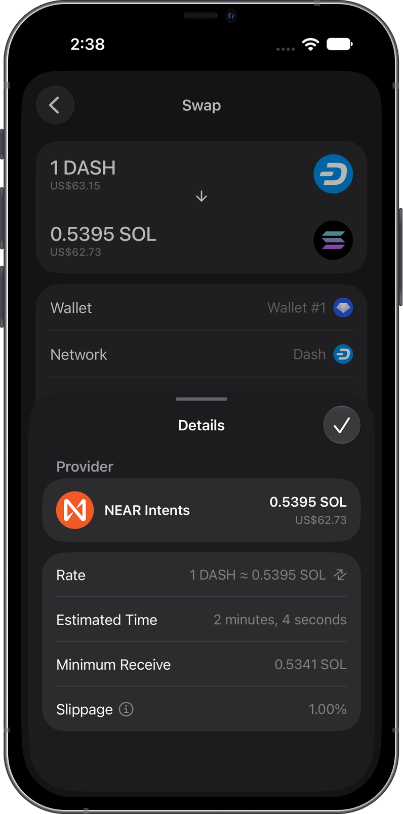 Review a DASH to SOL swap quote