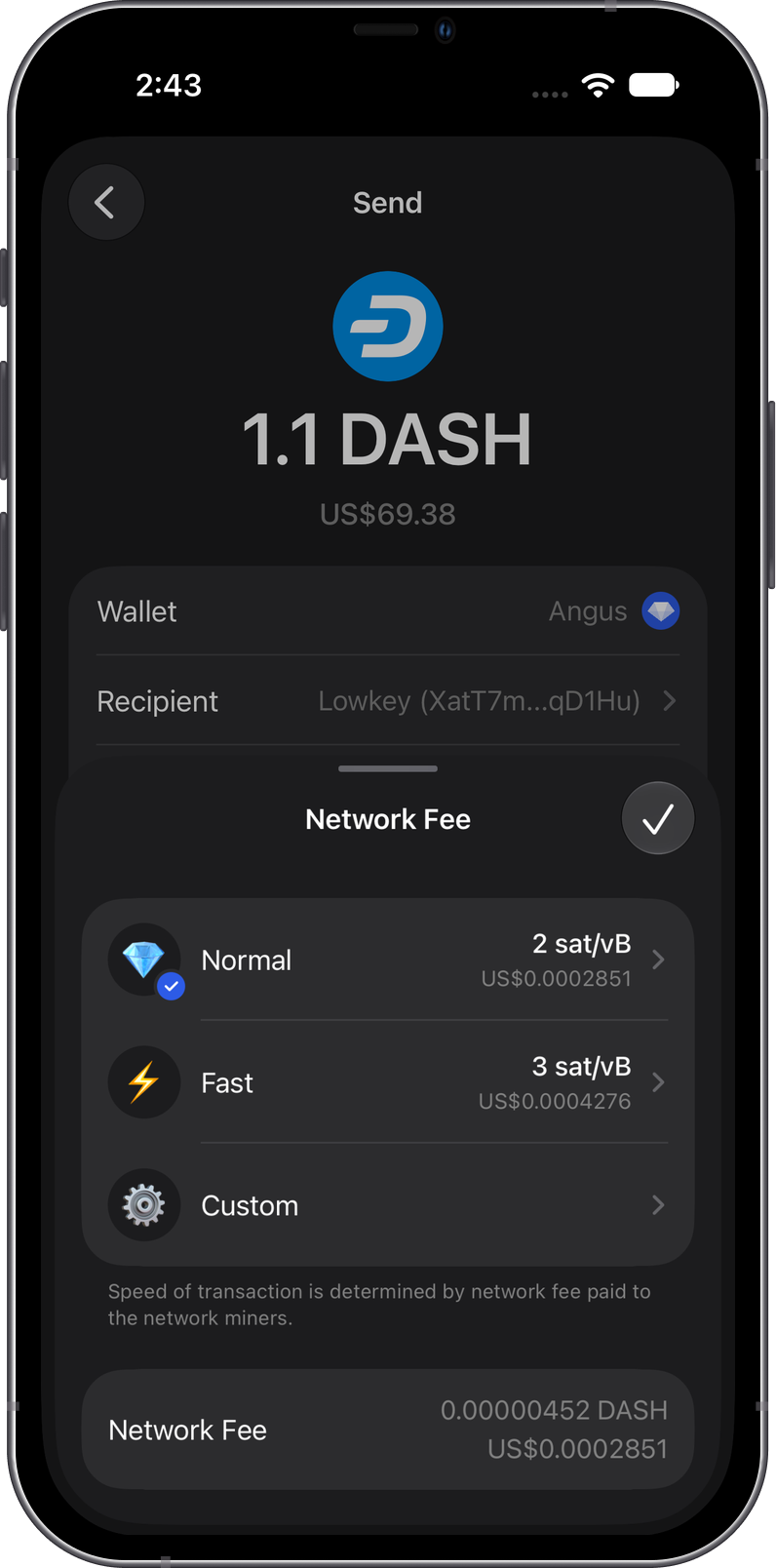Dash network fee options