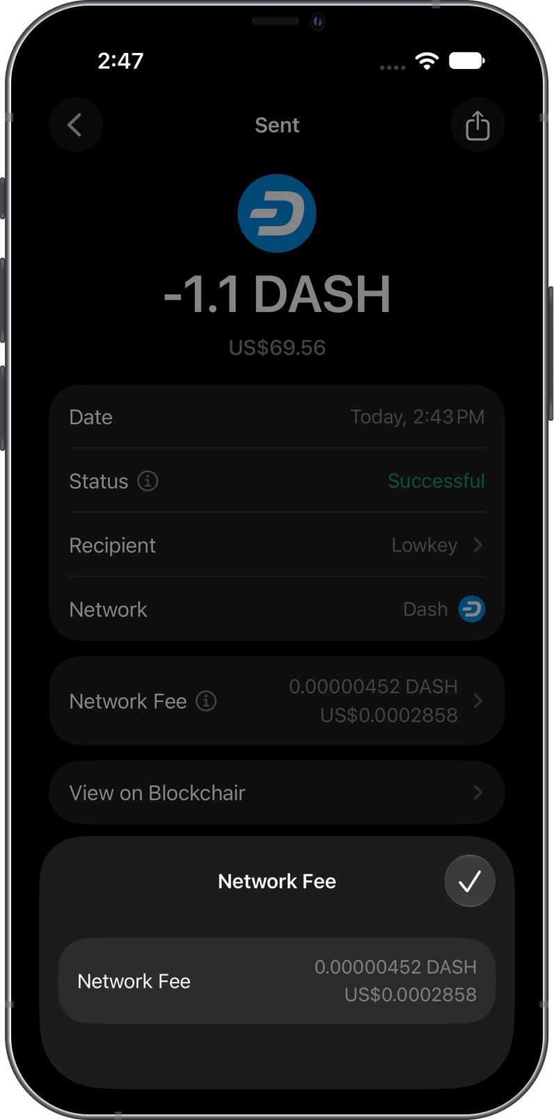Review the fee paid for a Dash transaction