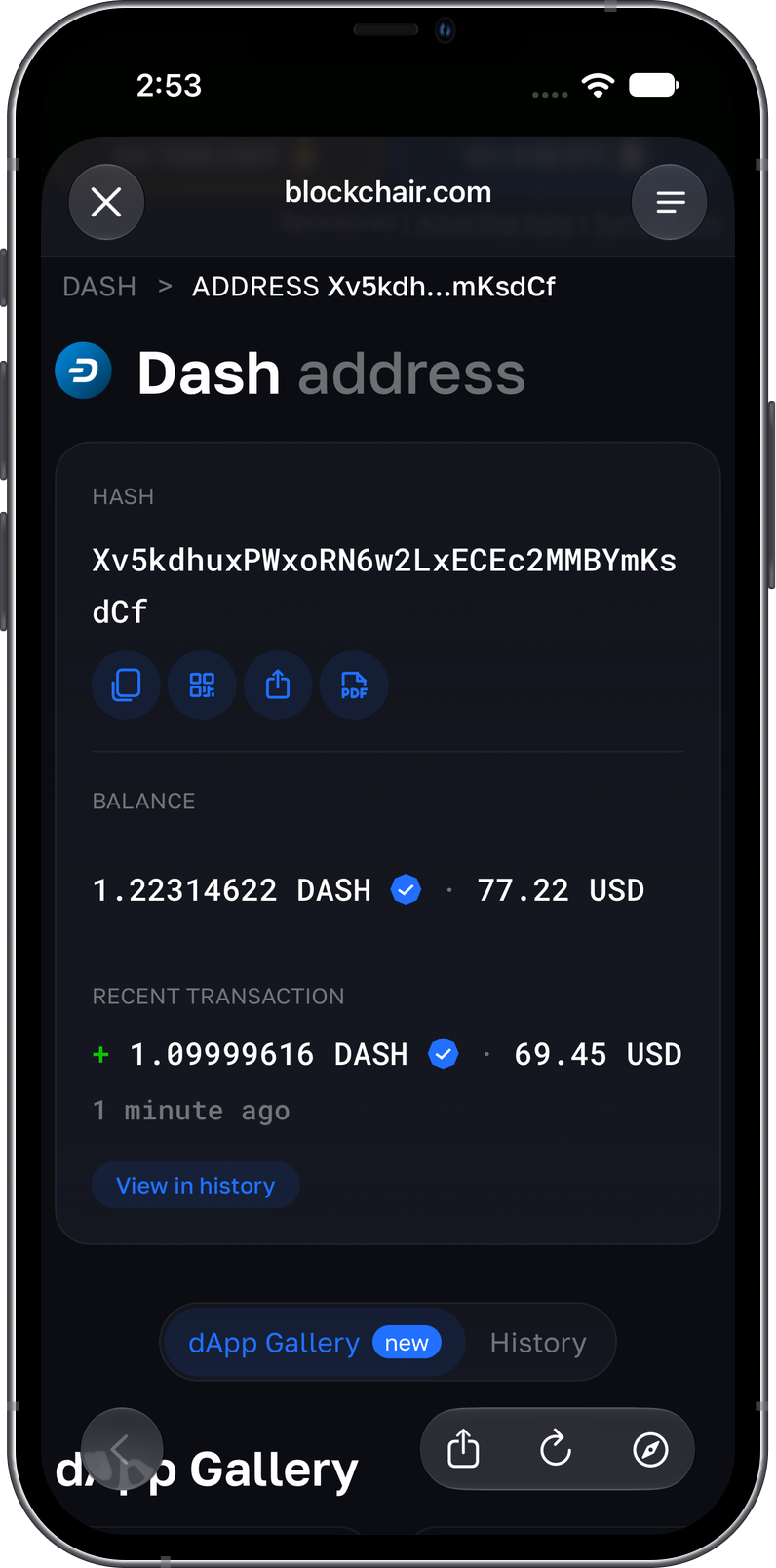 View a Dash address on Blockchair