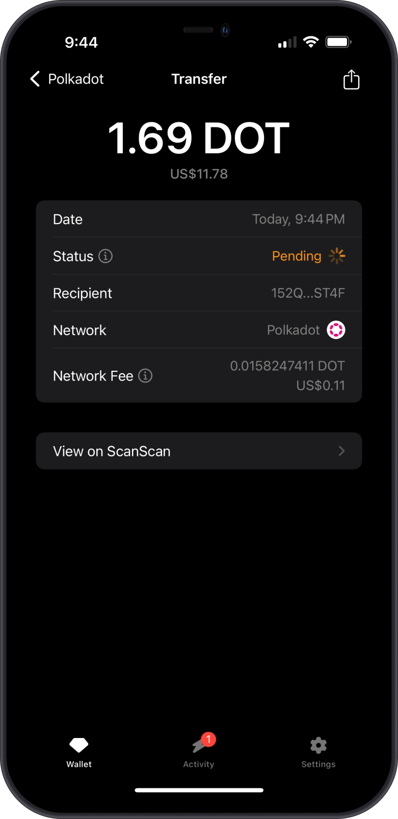 DOT Transaction Screen