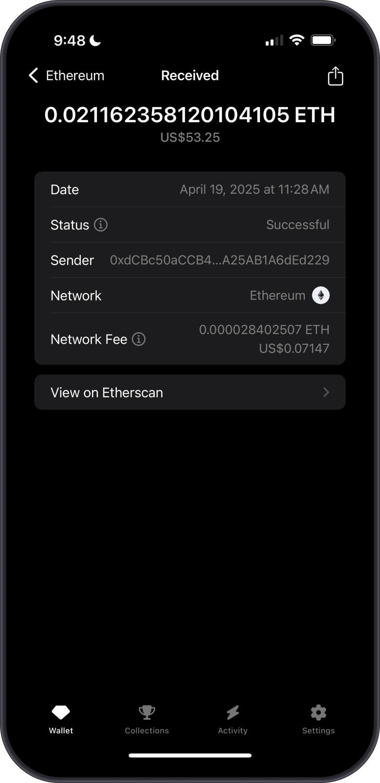 Ether Received on Gem Wallet