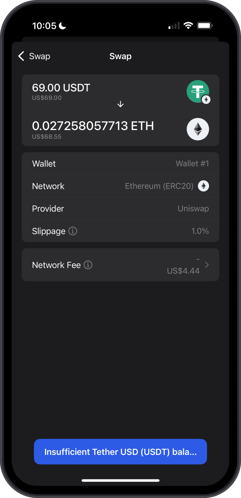 Swap USDT to ETH Confirm