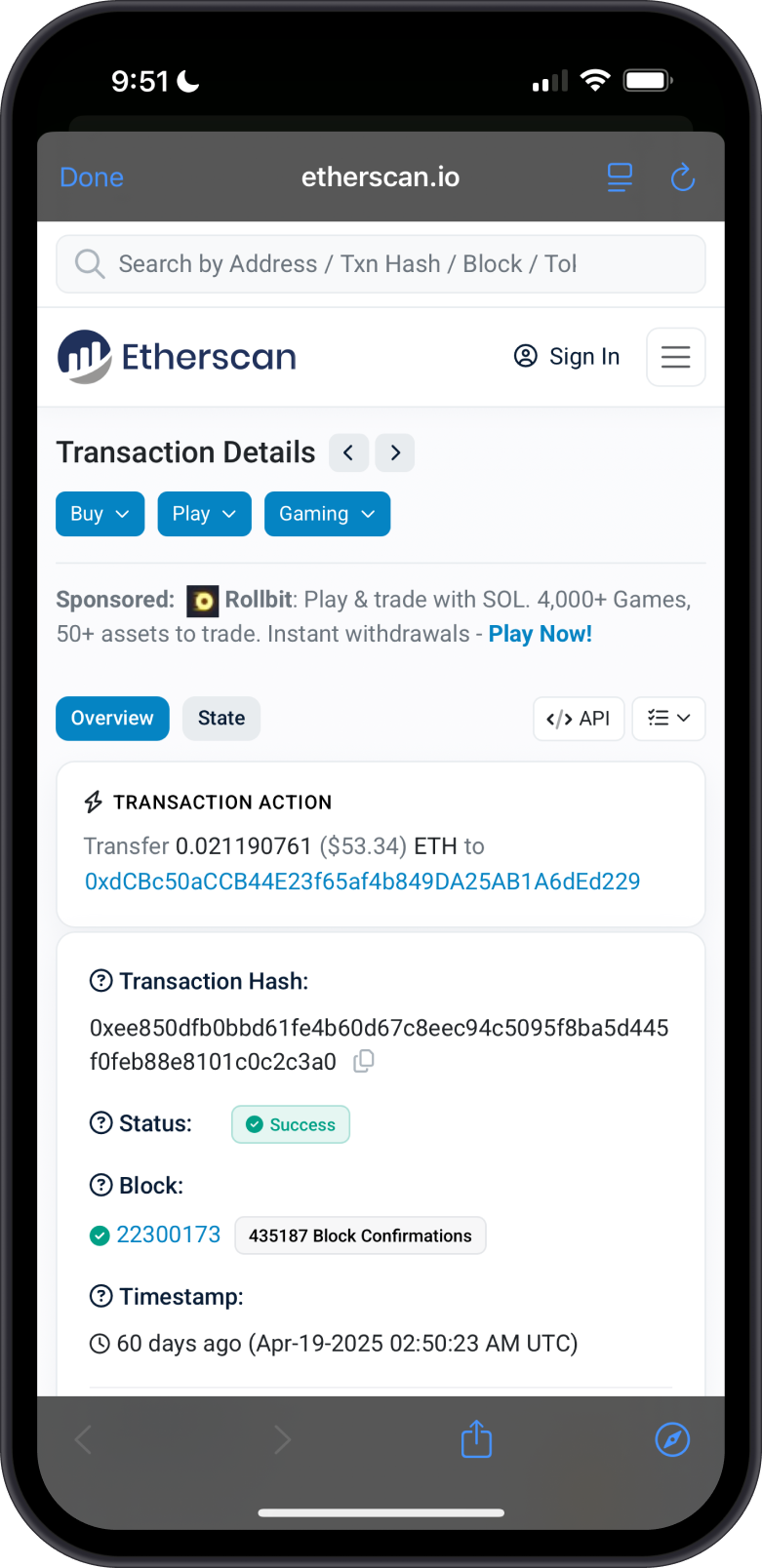 Checking Ethereum Transaction on Blockchair