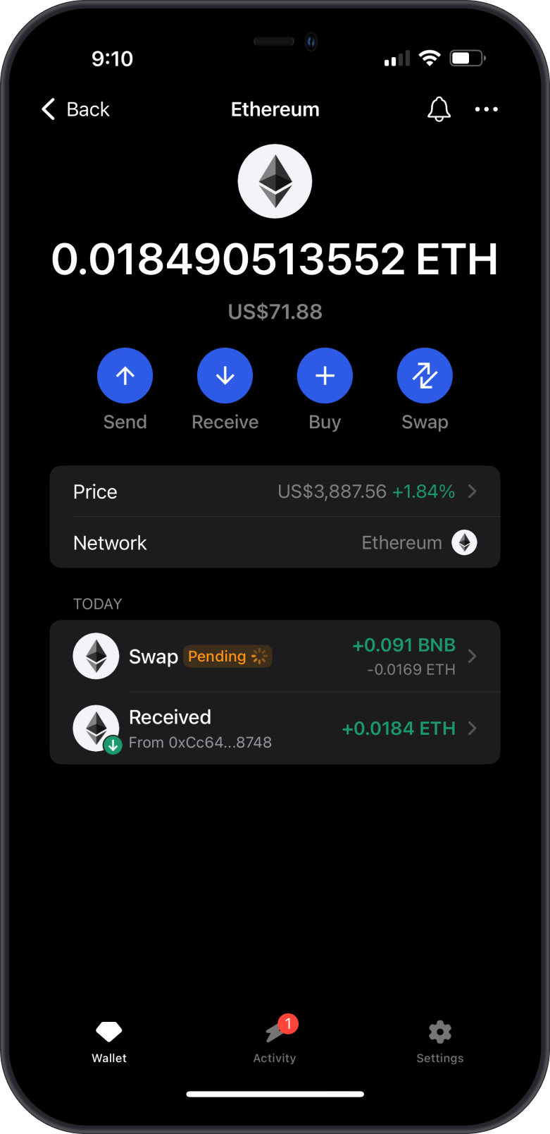 ETH to BNB Pending Swap