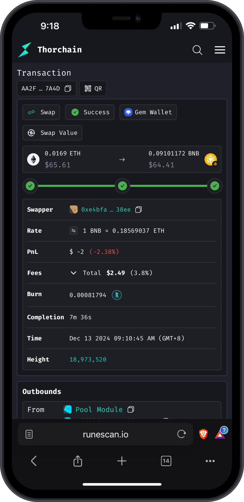 ETH to BNB Swap Completed