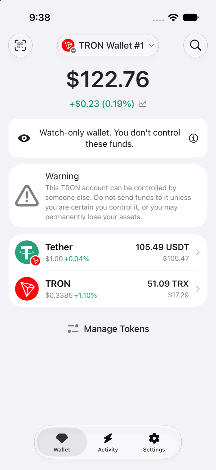 Warning on the wallet screen