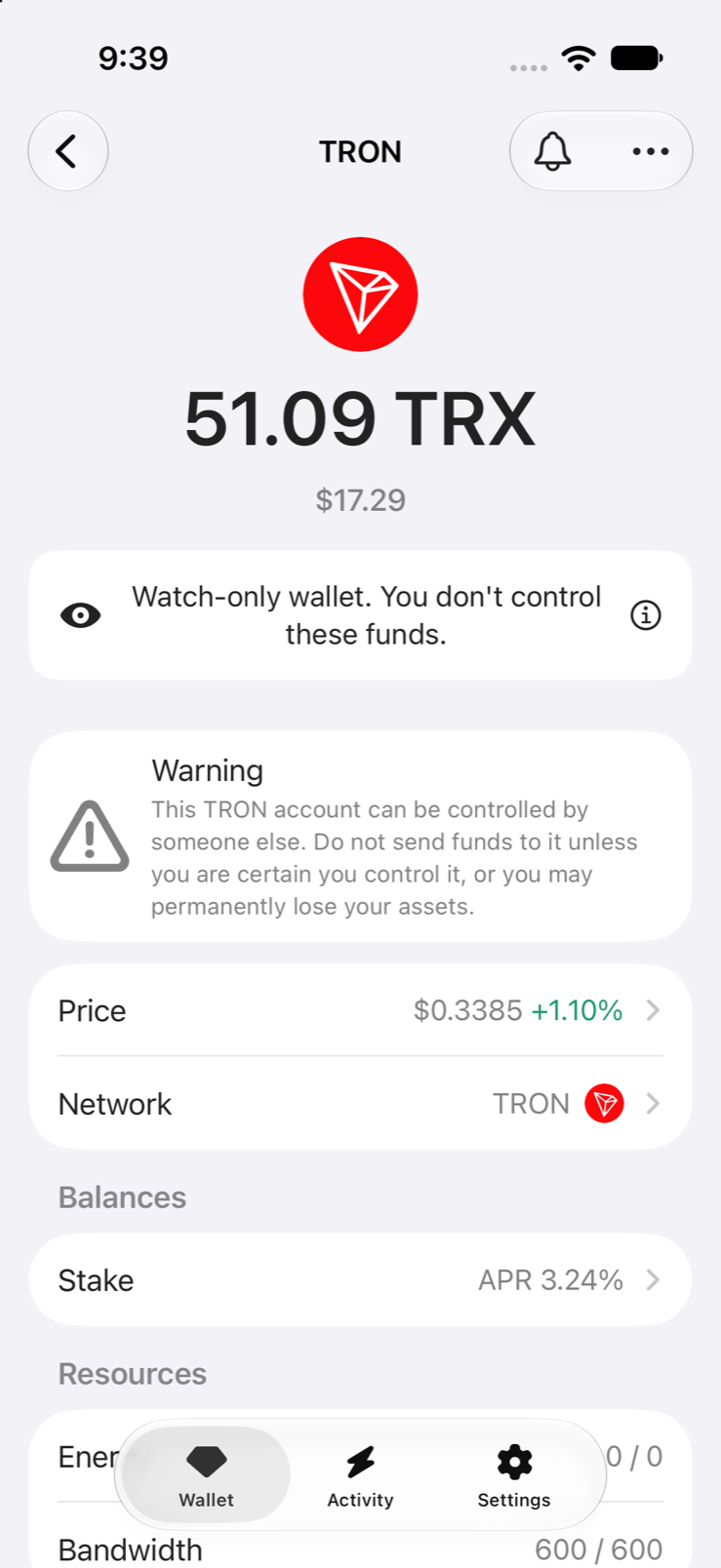 Warning on the asset screen