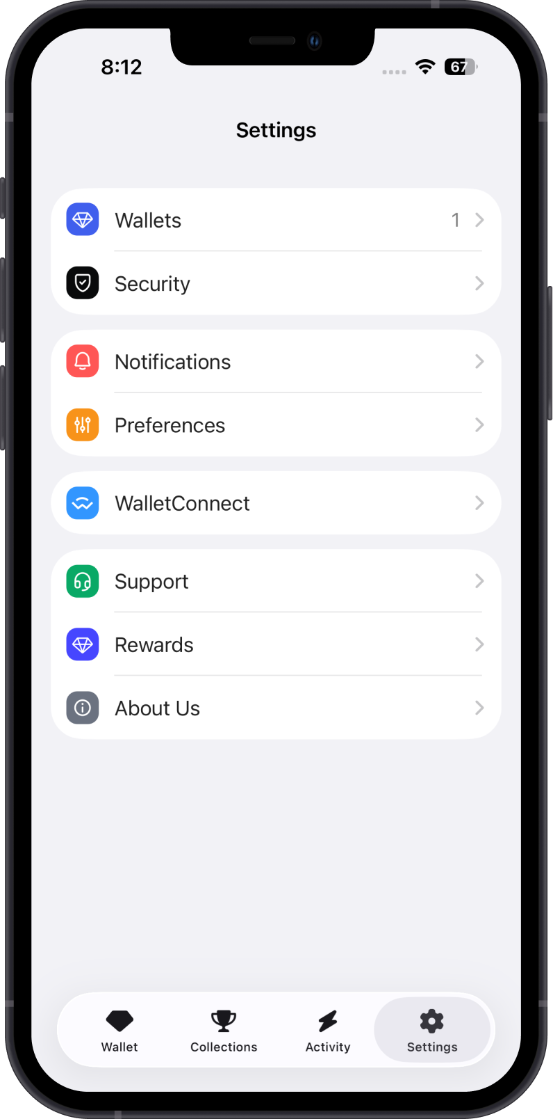 Gem Wallet Settings Screen