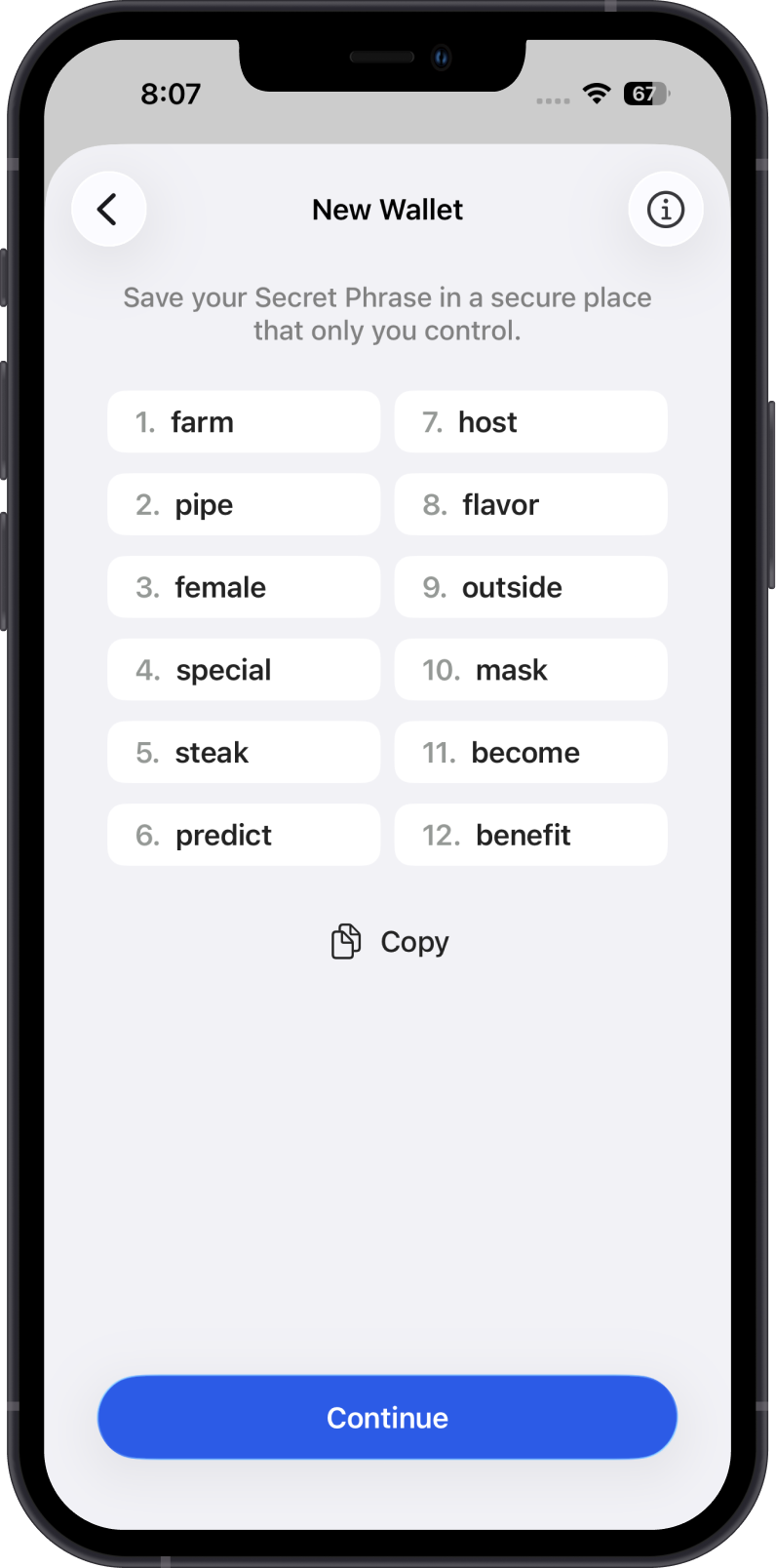 Save Secret Phrase iOS