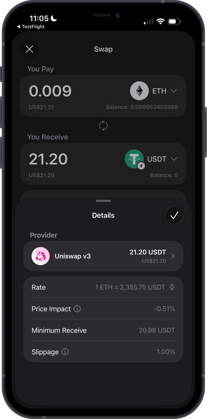 ETH to USDT on ETH Swap