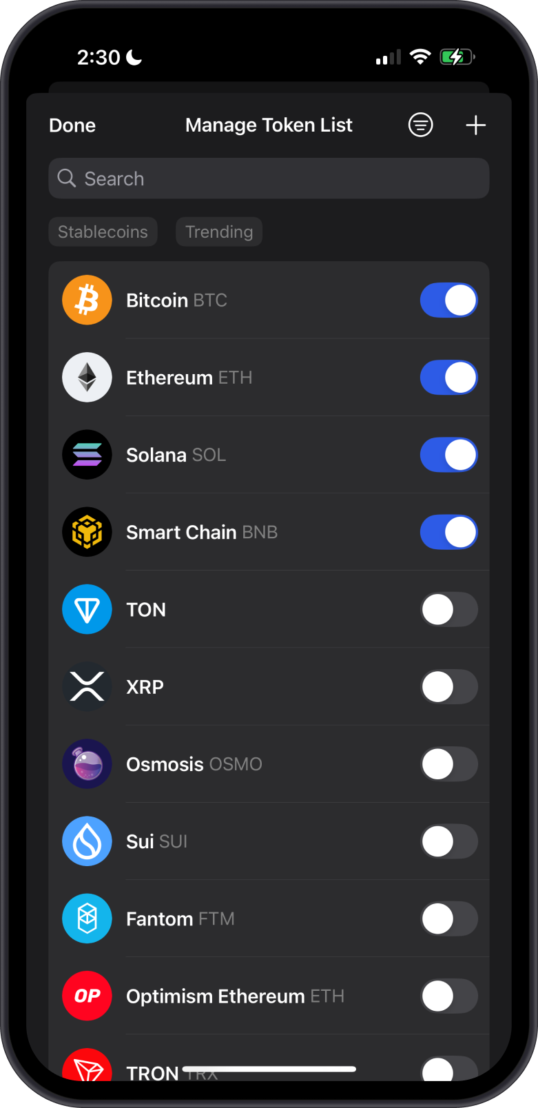 Tap Manage Token List
