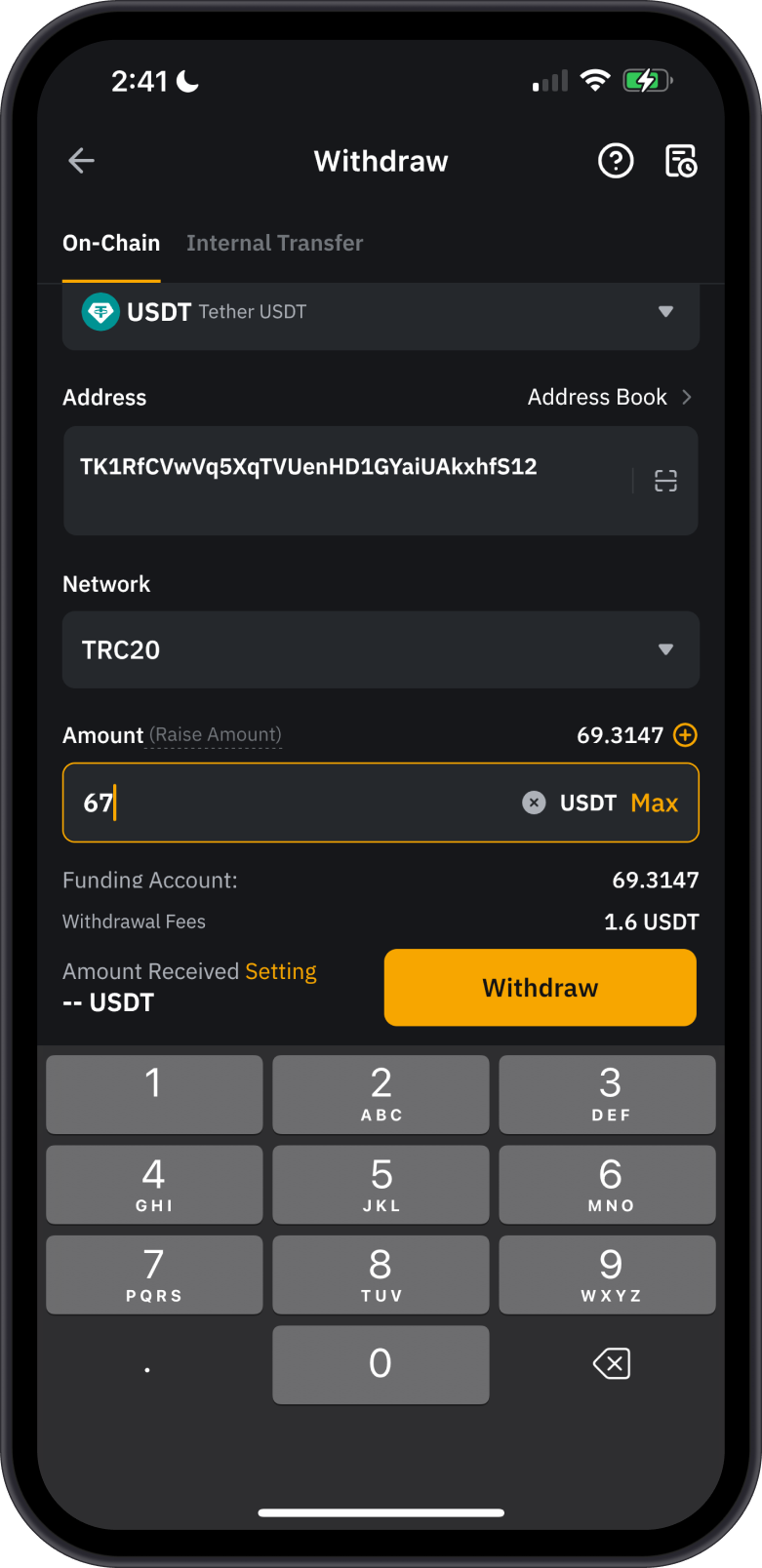 Input Address and USDT Amount