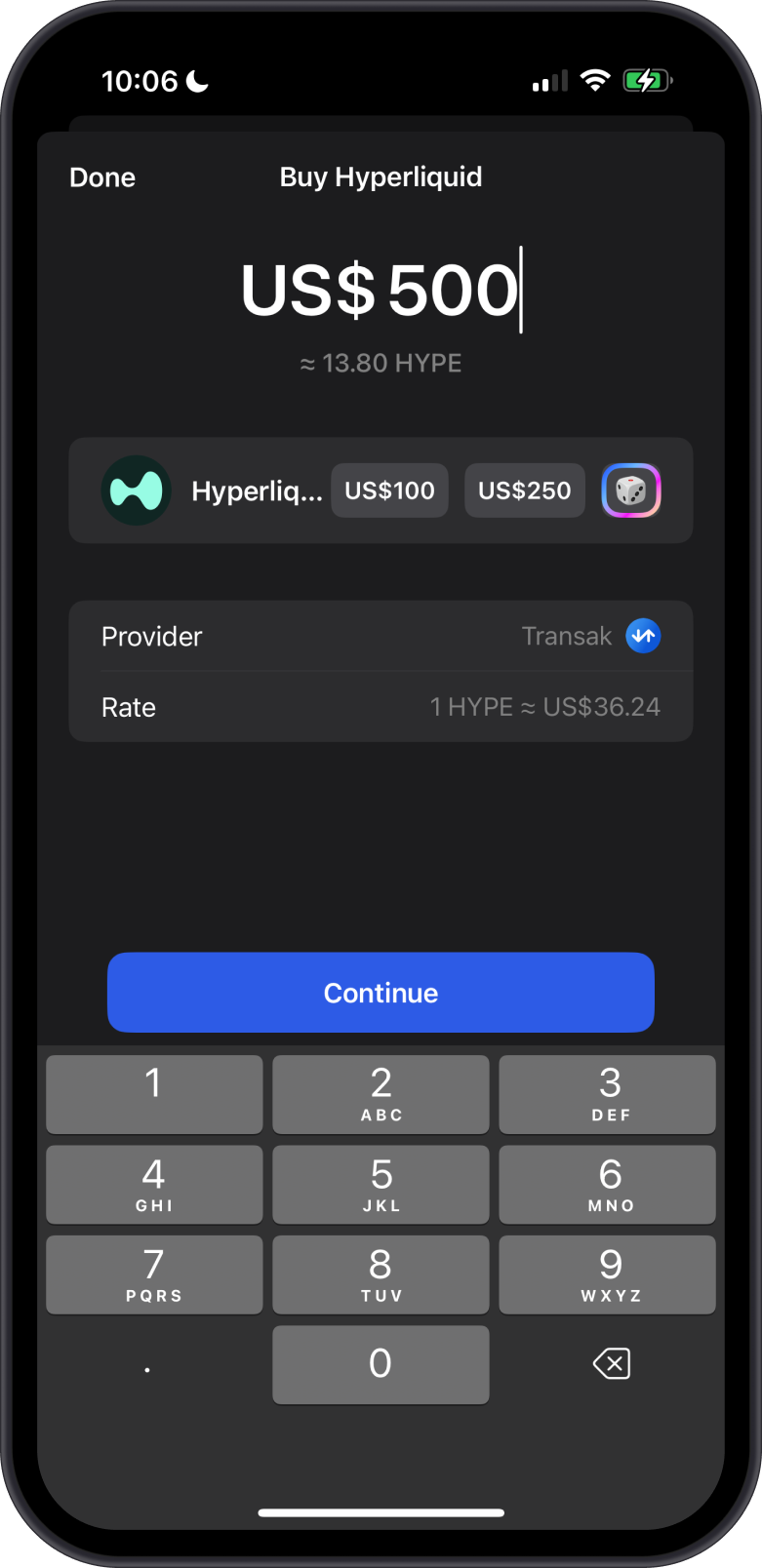 Buying Hyperliquid L1 (HYPE) with Gem Wallet