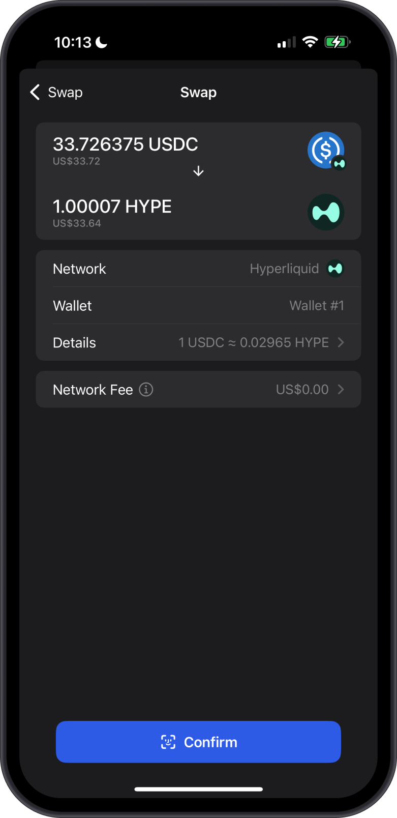 Swap USDC to HYPE Confirm