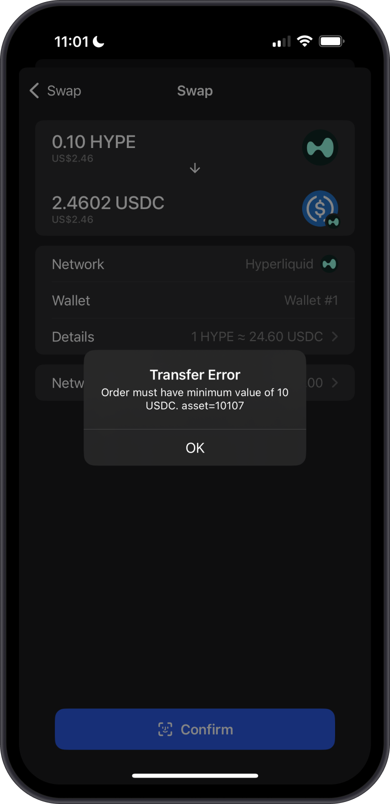 Swap HYPE to USDC Error