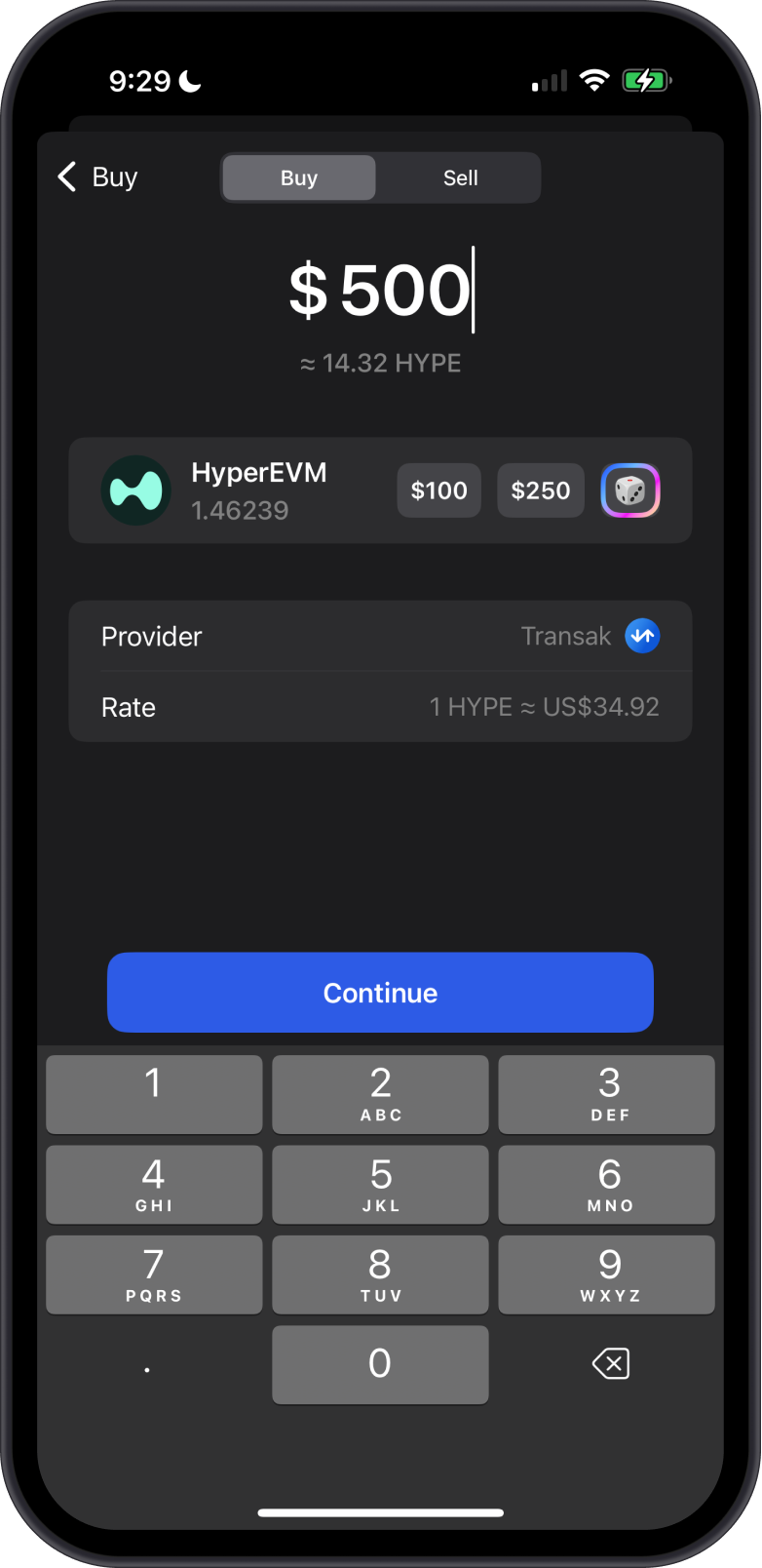 Buying HyperEVM (HYPE) with Gem Wallet