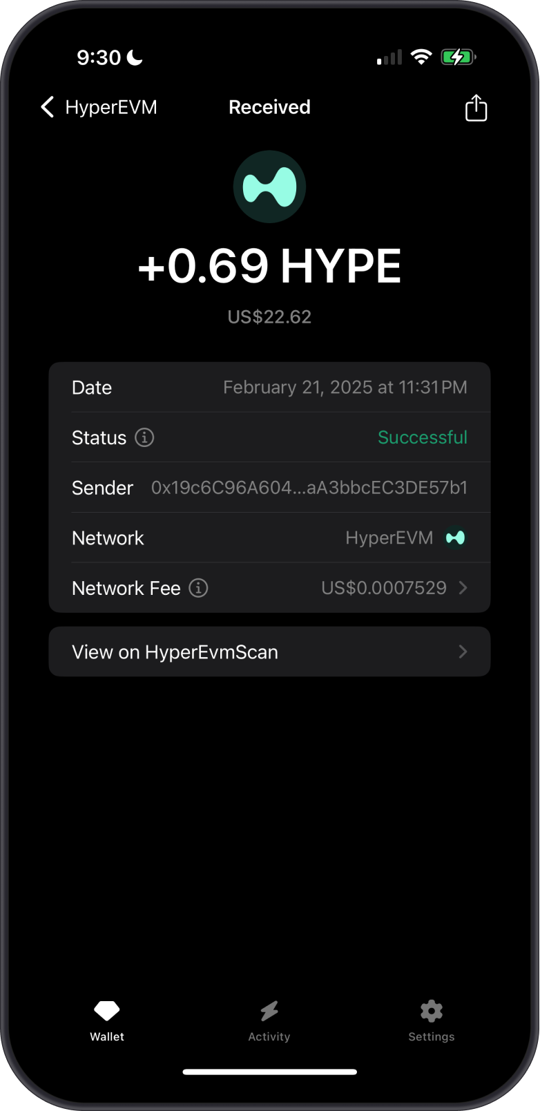 HyperEVM (HYPE) Received on Gem Wallet