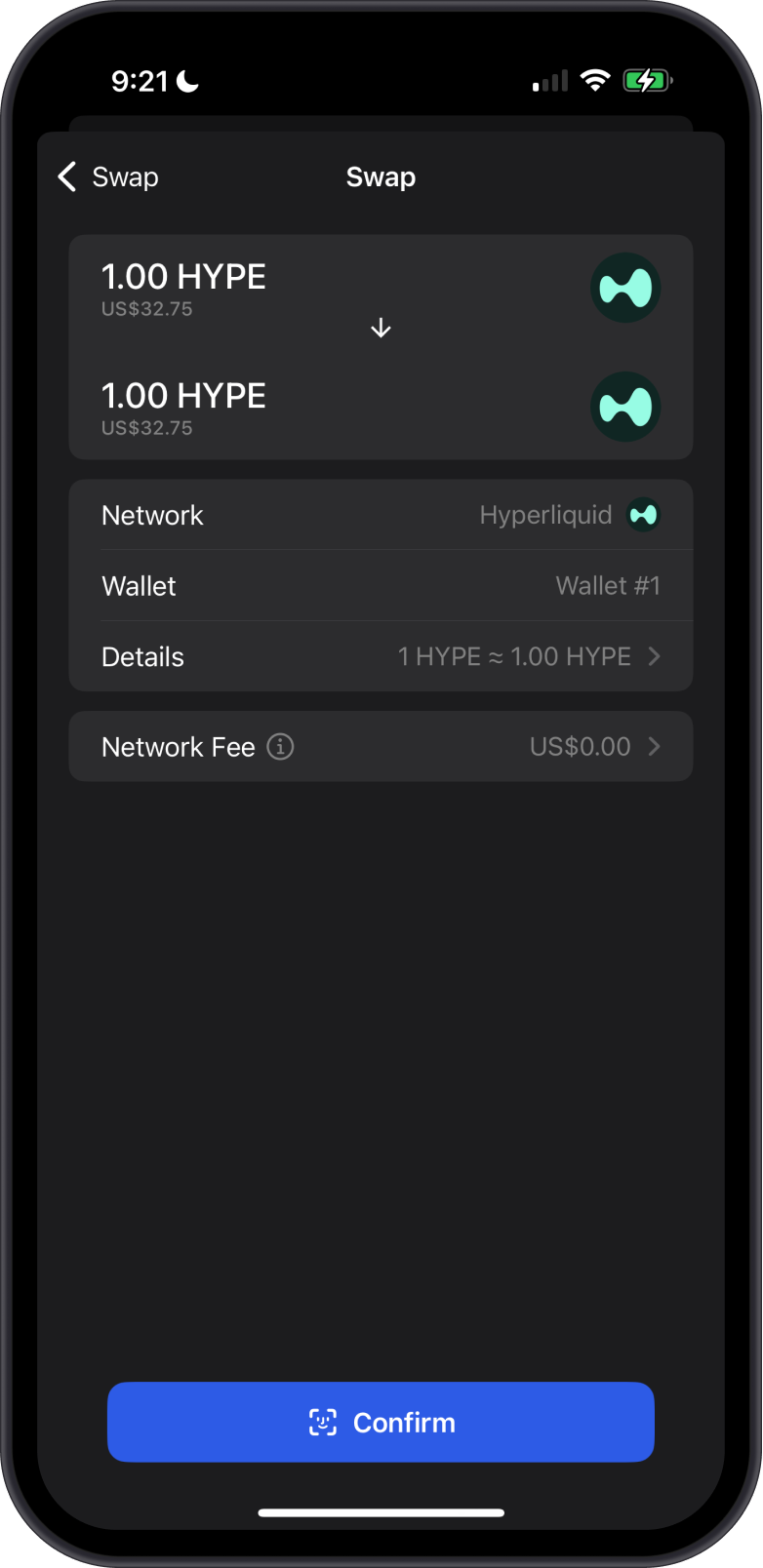 Swapping Hyperliquid to HyperEVM (HYPE) on Gem Wallet