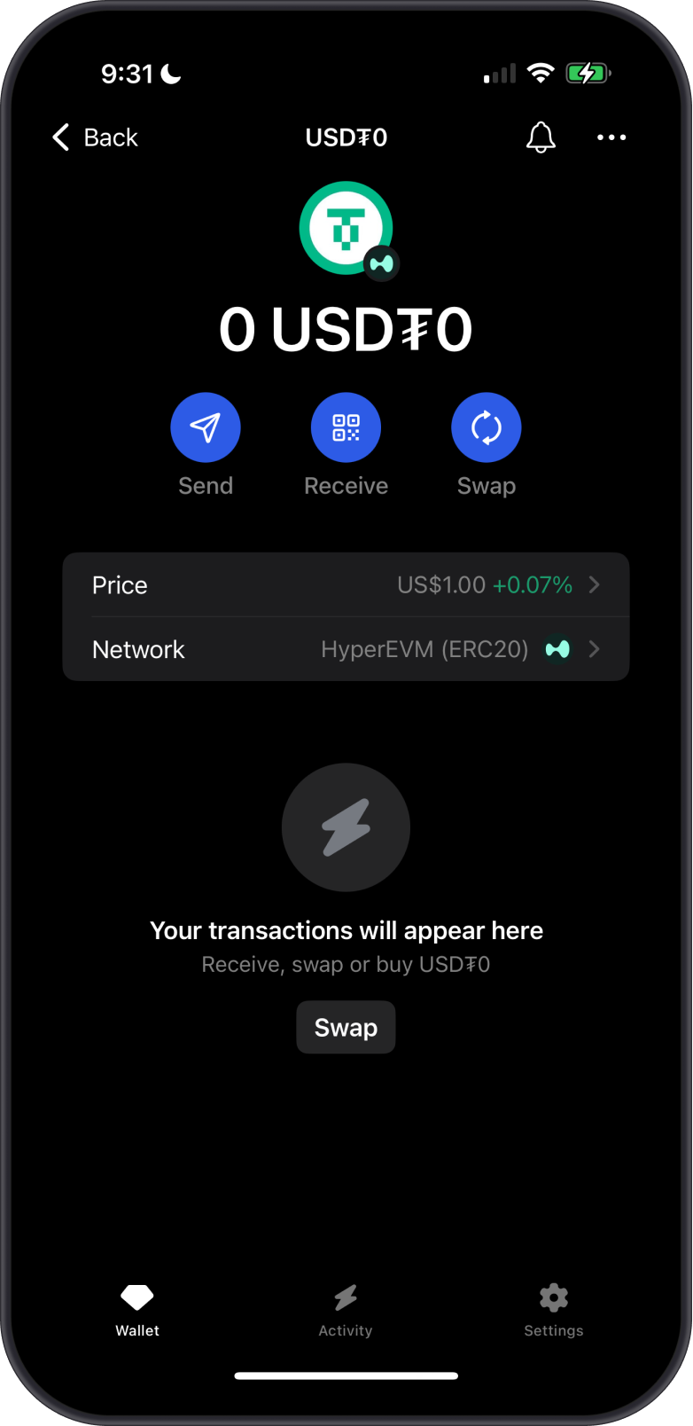 USDT HyperEVM ERC20 on Gem Wallet