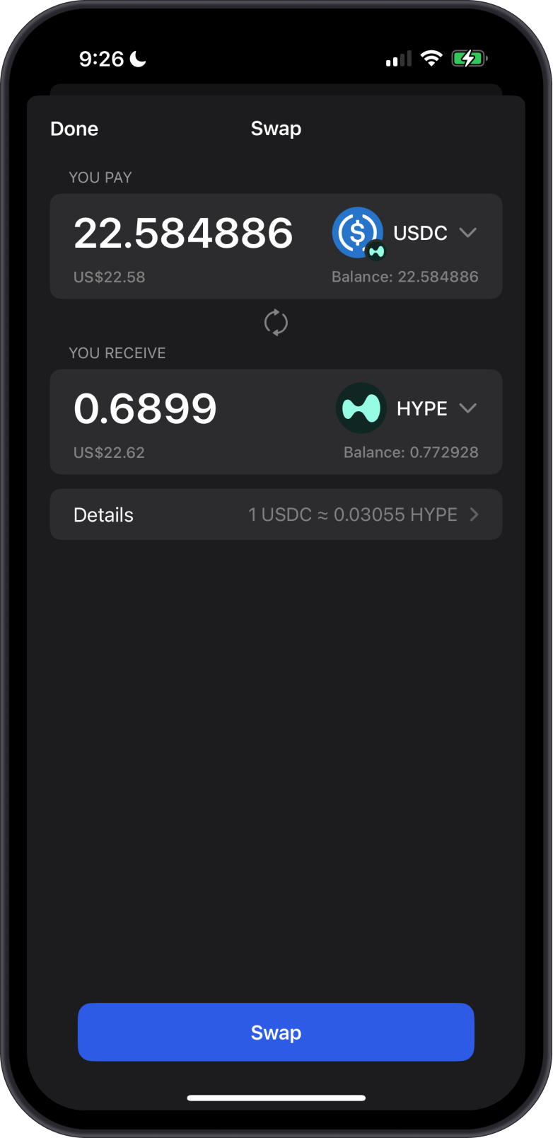 Swap USDC to HYPE