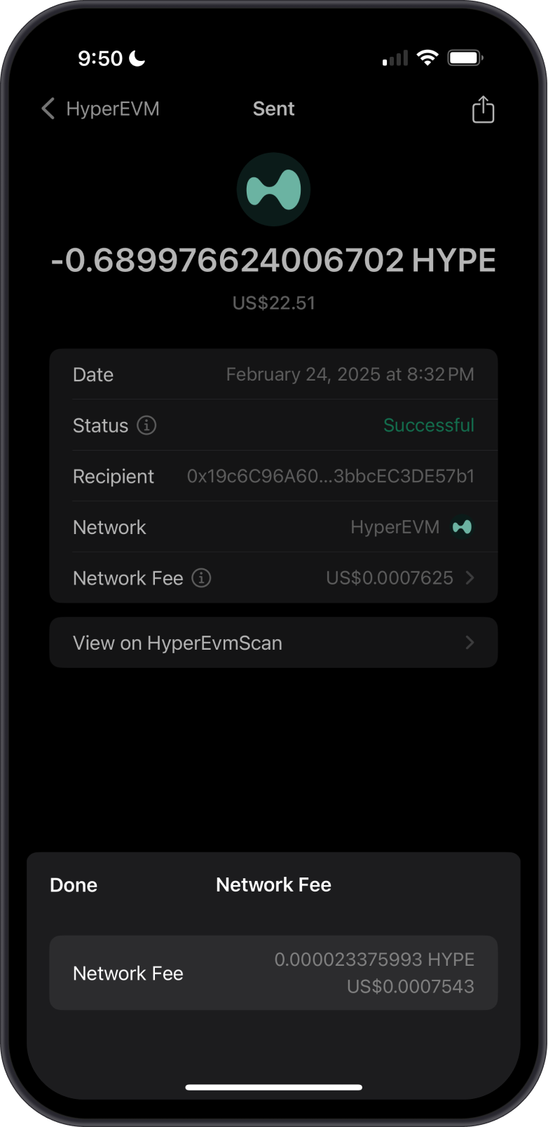 Fees for Sending HyperEVM on GemWallet
