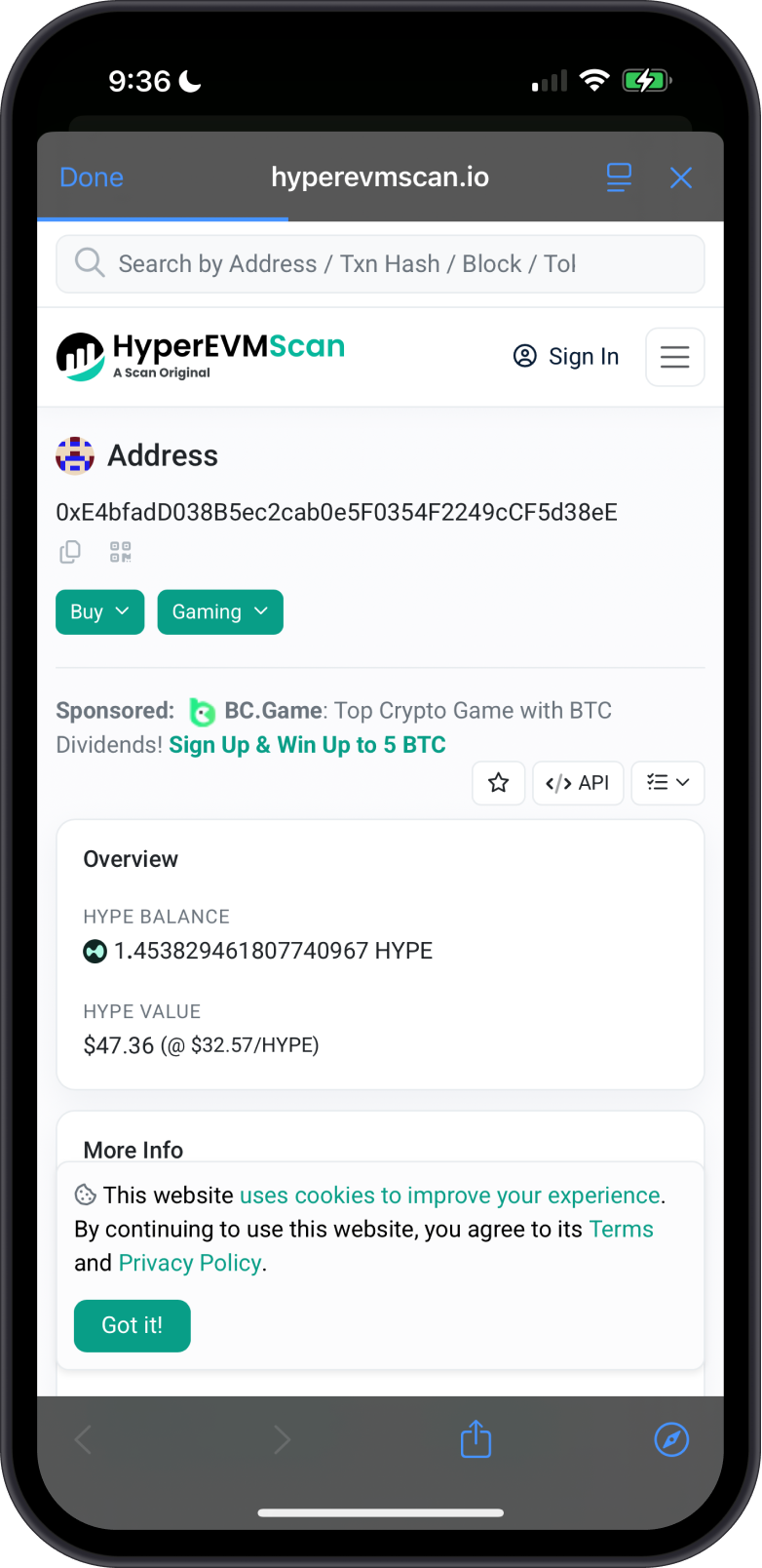 HyperEVMScan Balance Screen