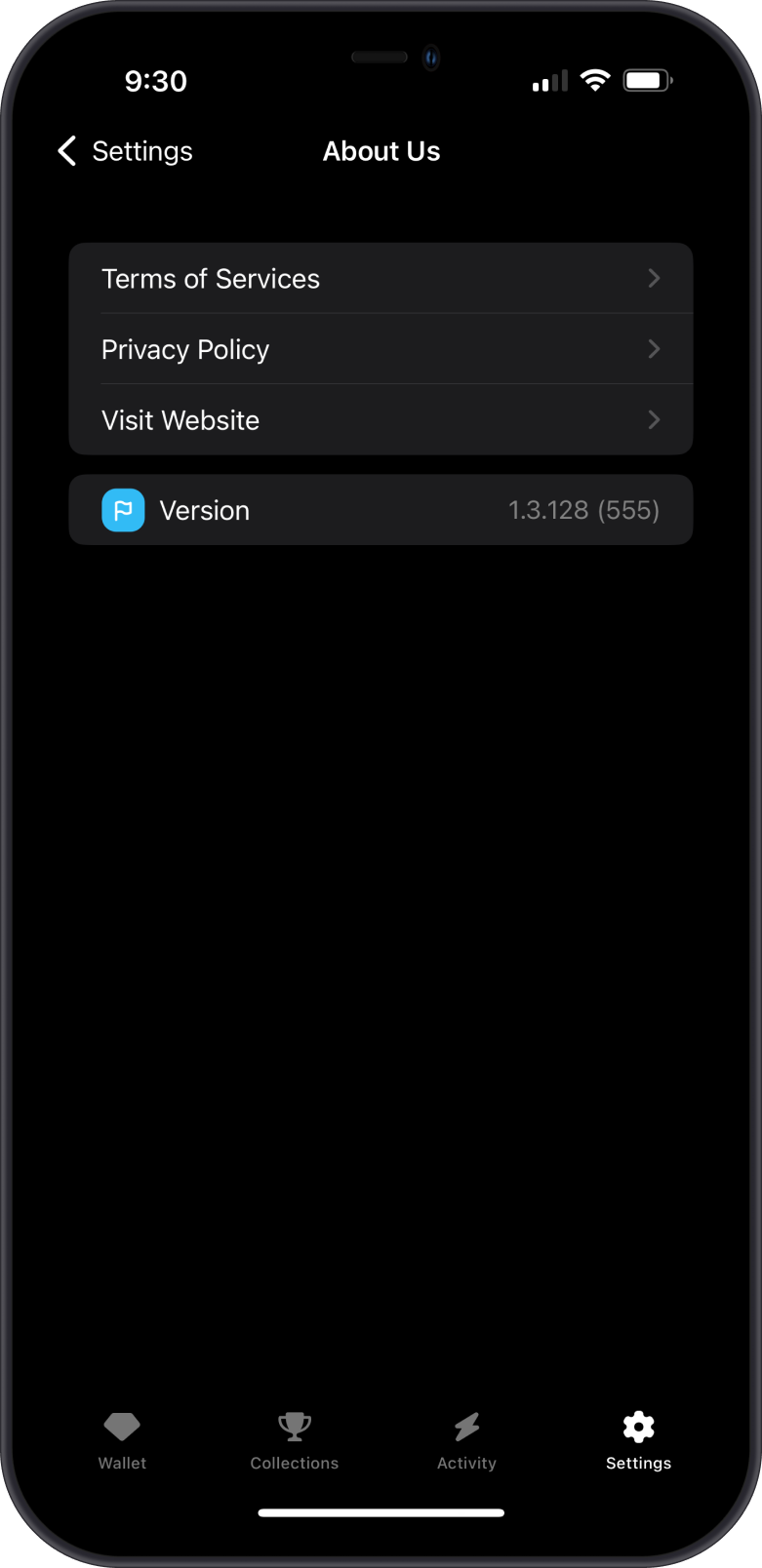 iOS Gem Wallet Version on About Us