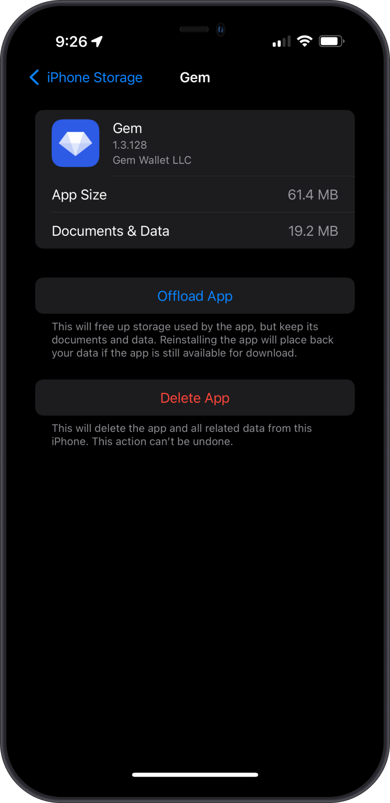Gem Wallet Version on iPhone Storage