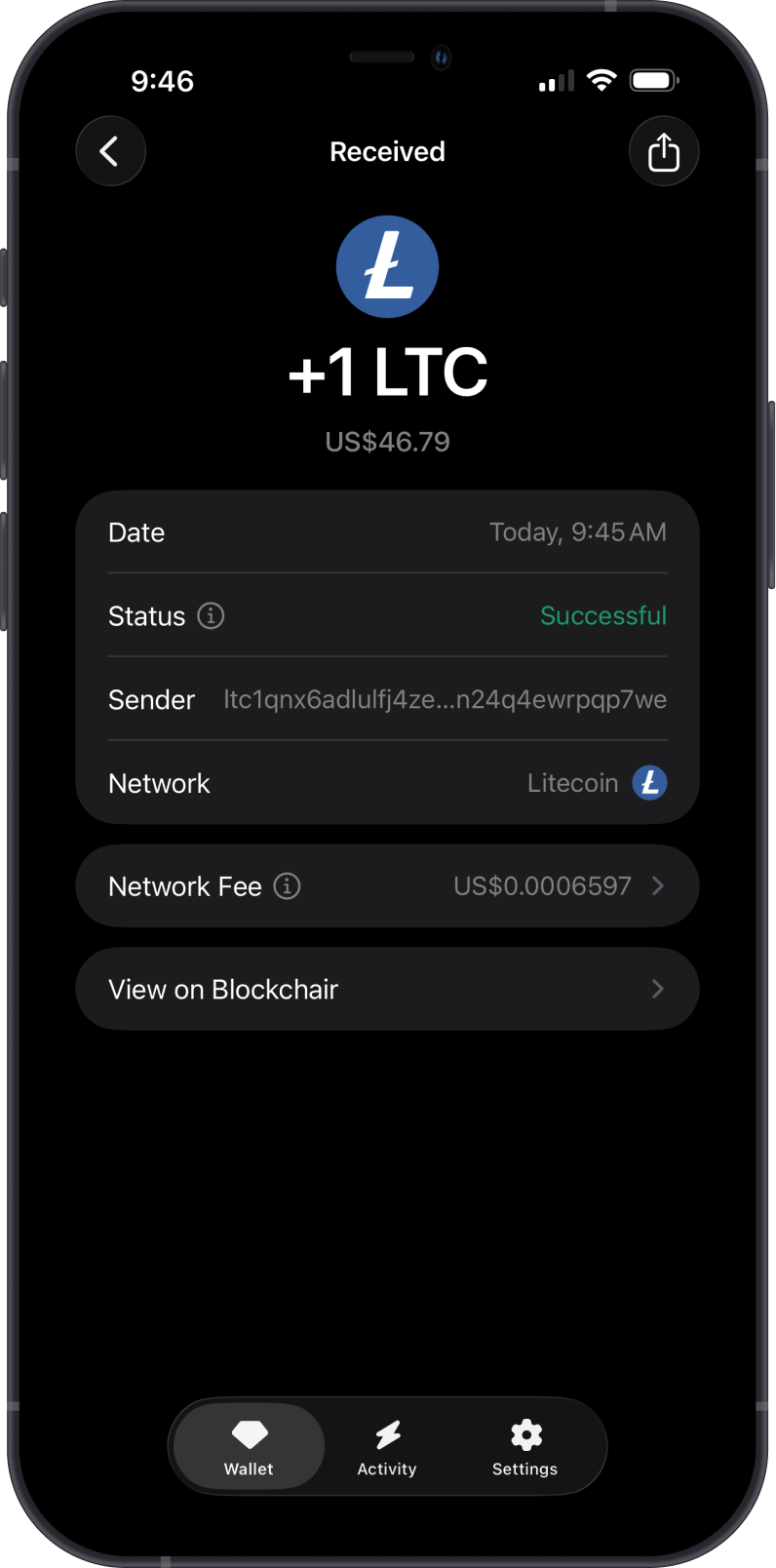 Received LTC Transaction on Gem Wallet