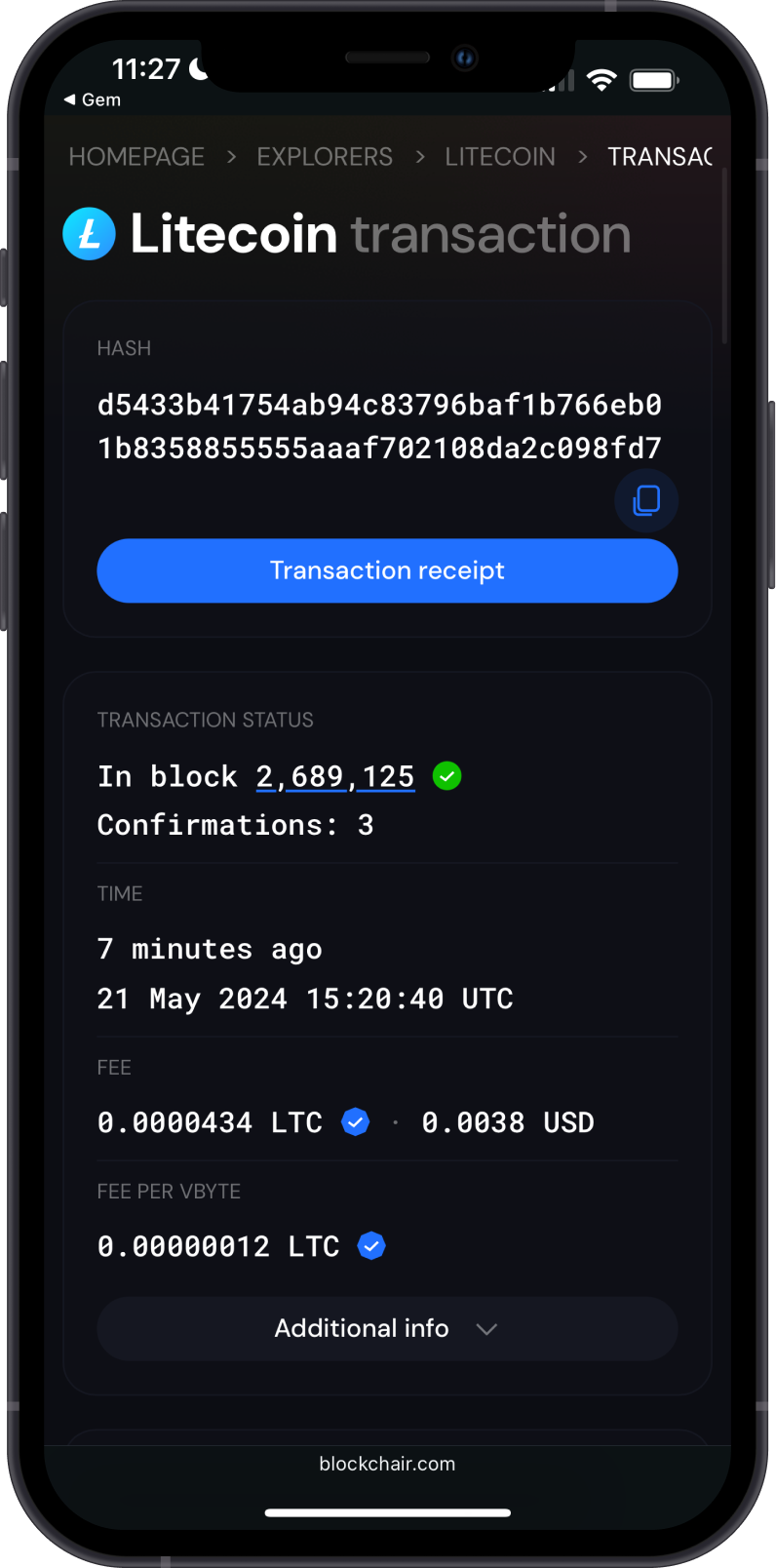 Litecoin transaction on Blockchair