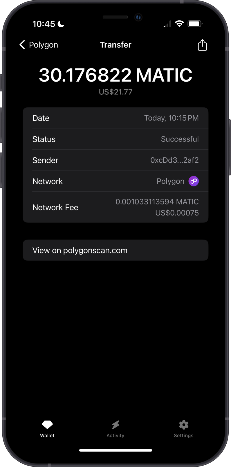 View Transaction Link to PolygonScan 