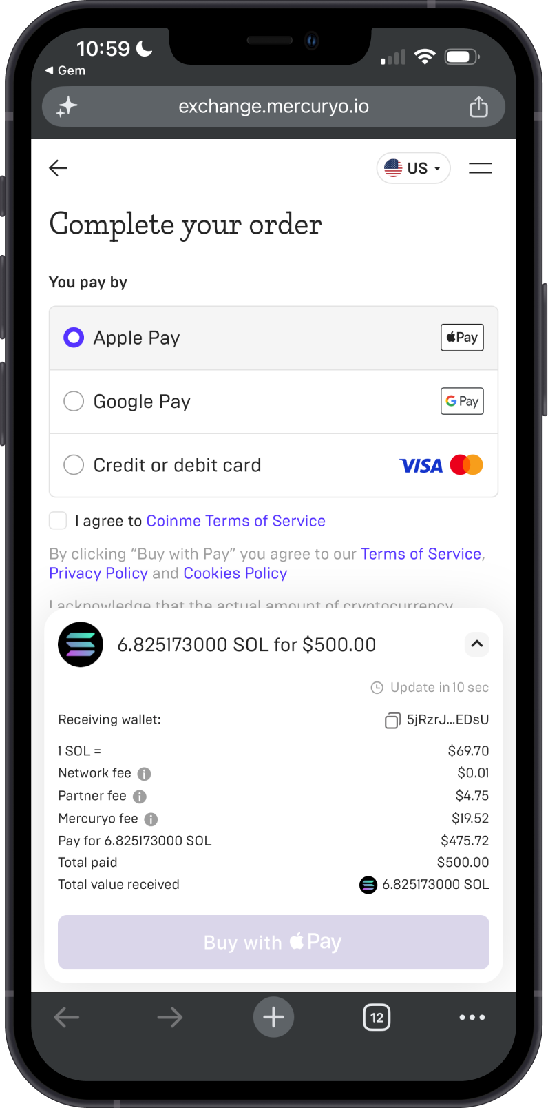 Mercuryo Buy Screen