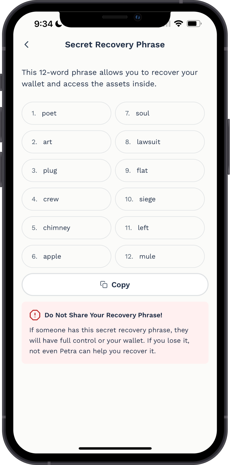 Secret Recovery Phrase on Petra Wallet