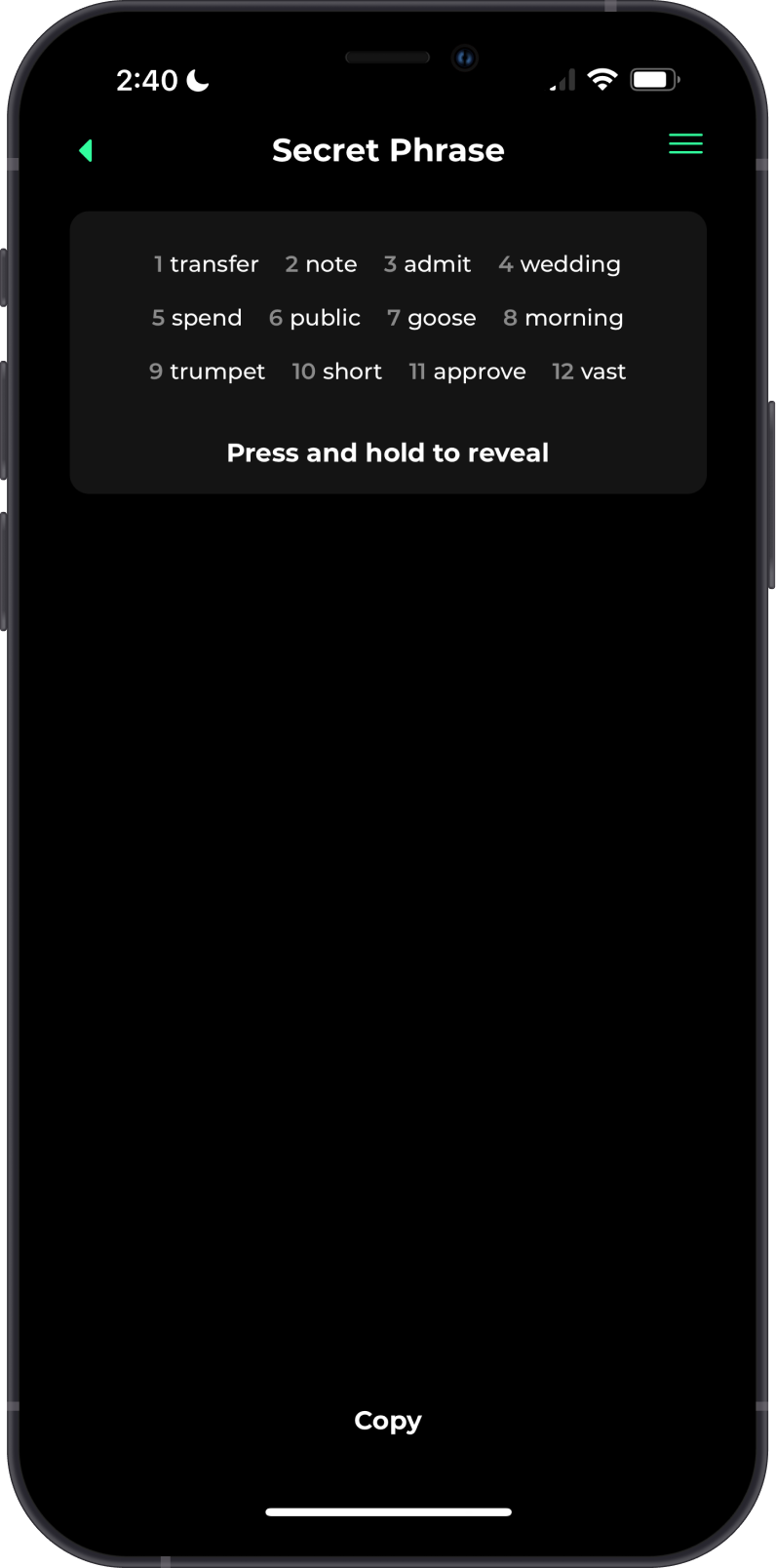 Secret Phrase on THORWallet