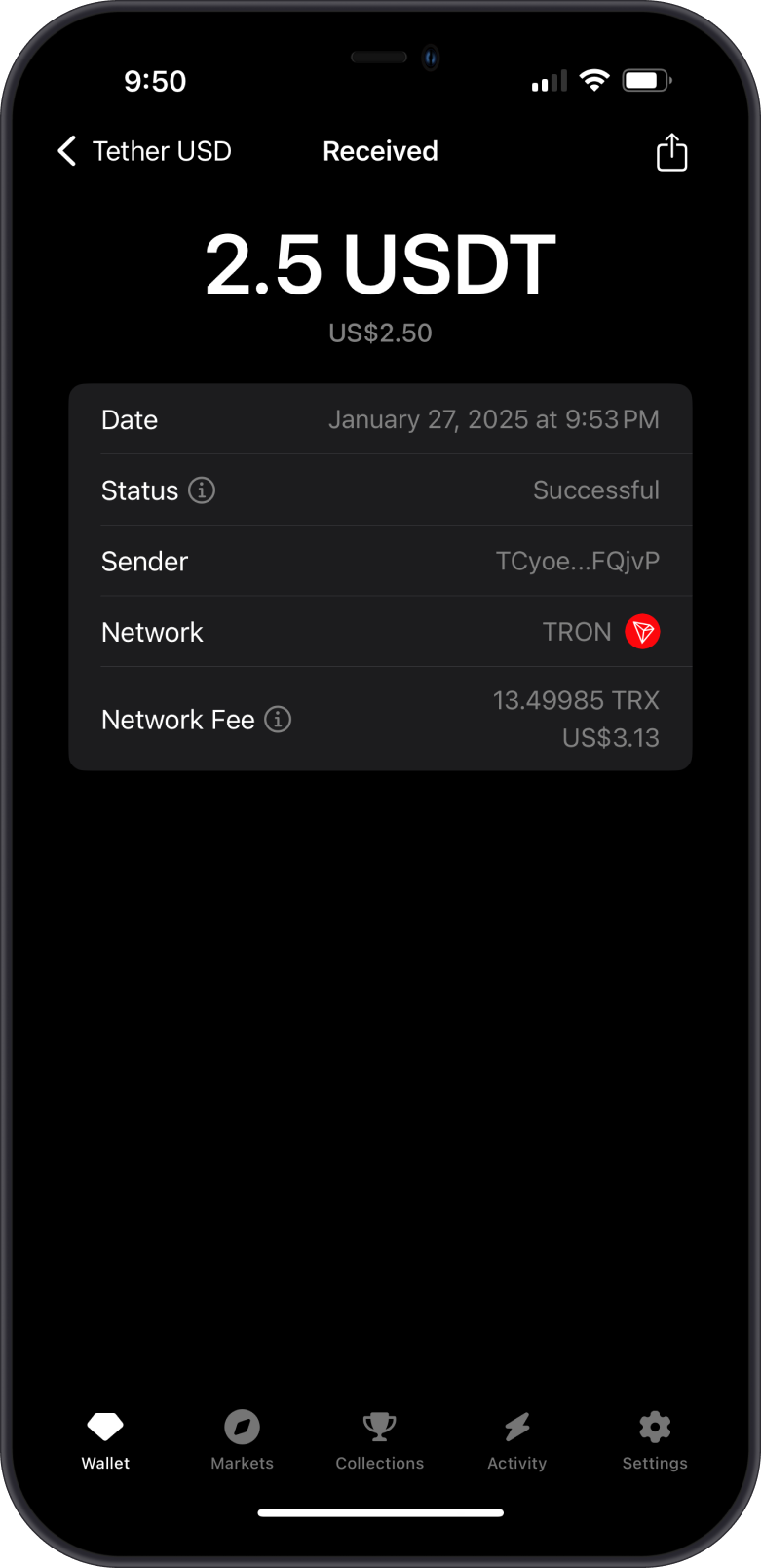 USDT Received on TRON