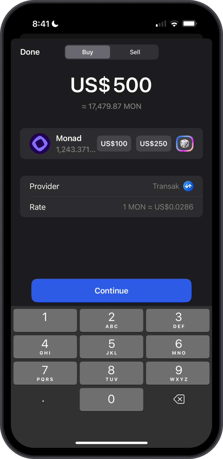 Buying Monad with Gem Wallet