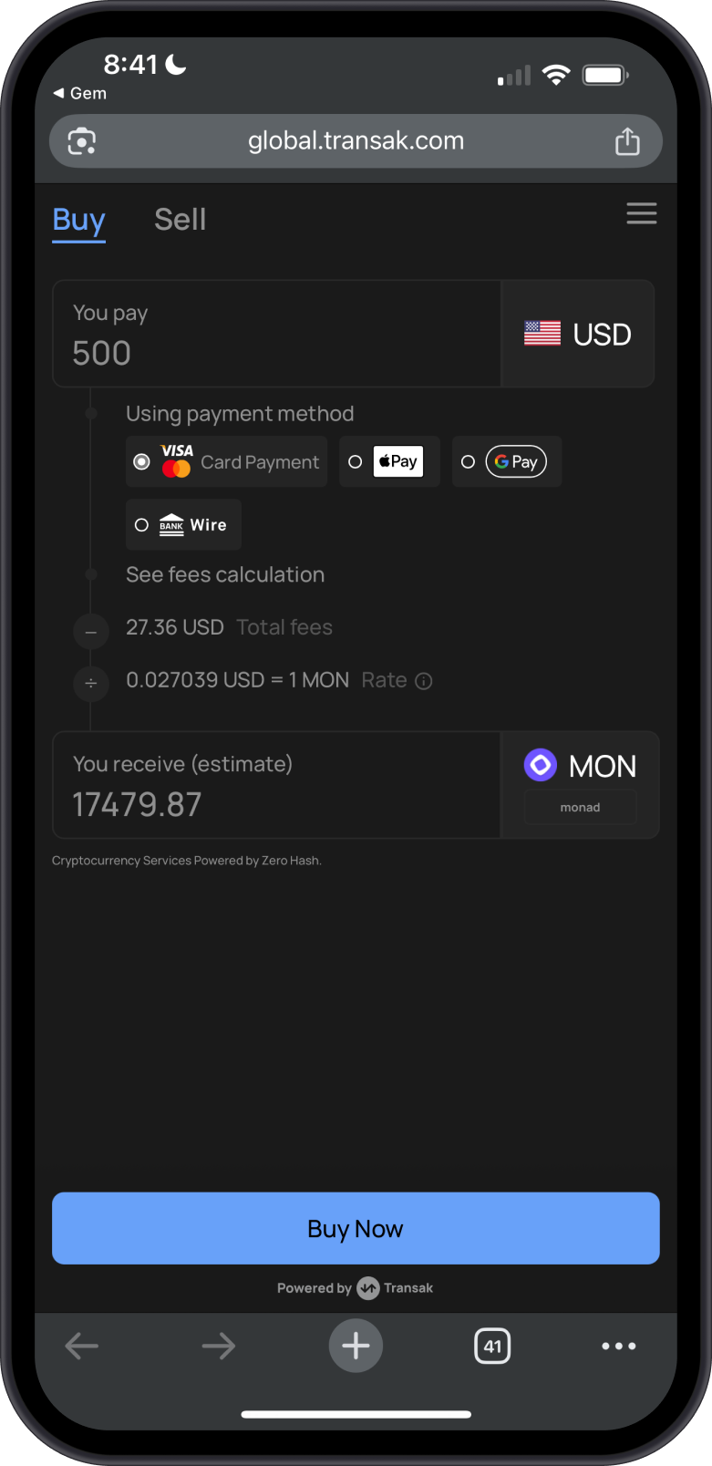 Buy Monad with Transak