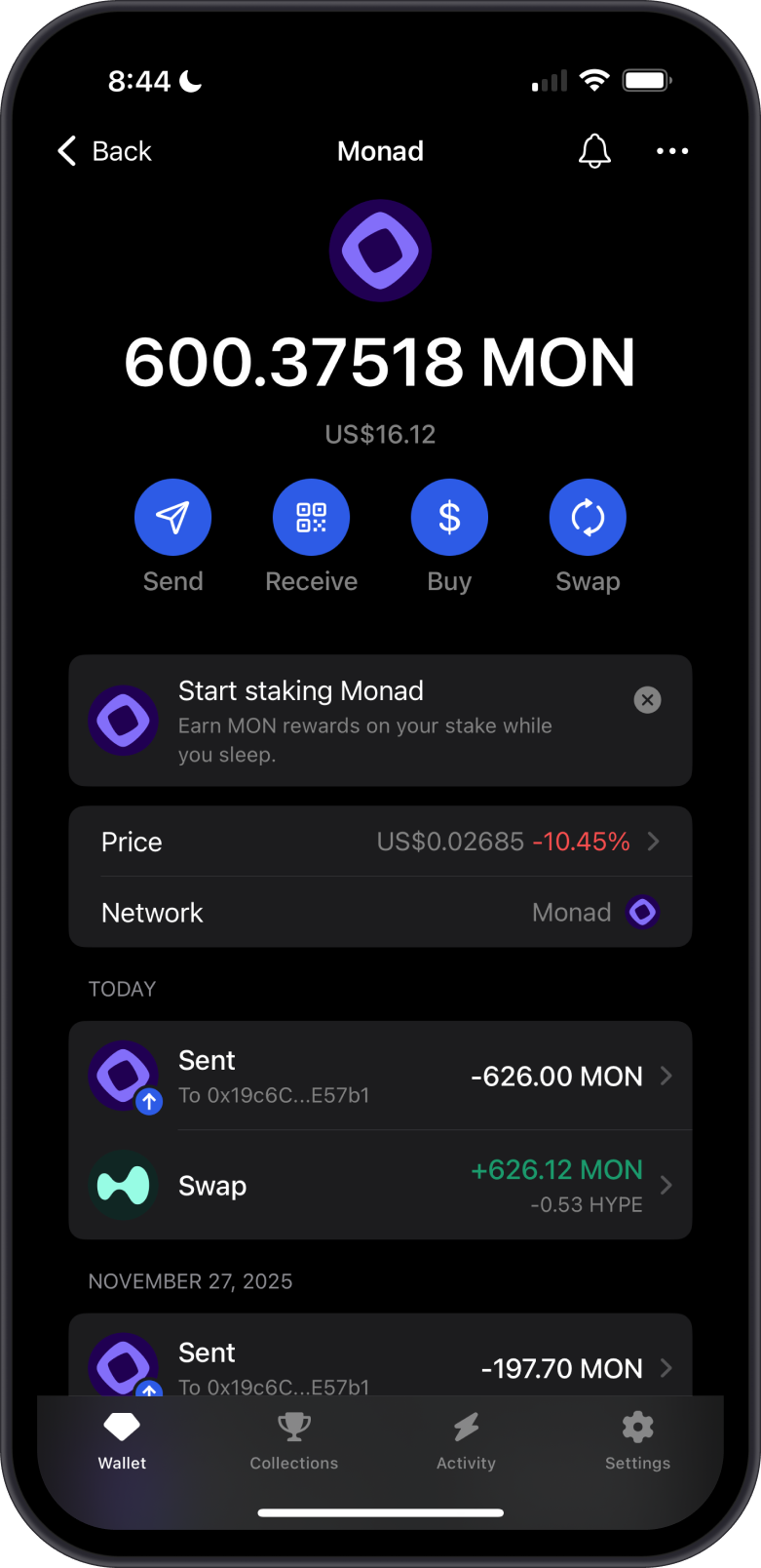 Monad Received on Gem Wallet