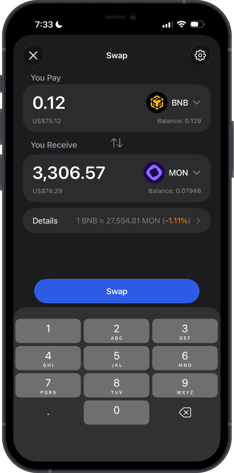 Enter BNB to Monad Swap Amount