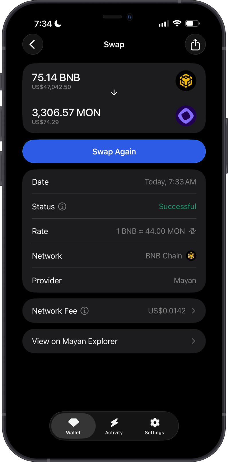 Completed BNB to Monad Swap