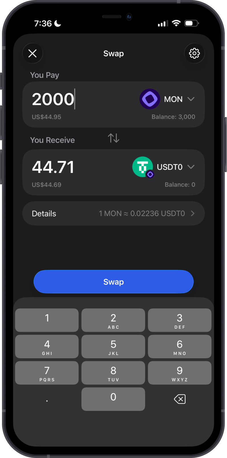 Enter Monad to USDT0 Swap Amount