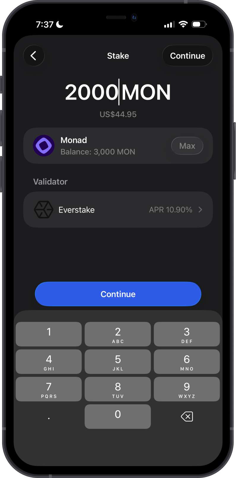 Choose a MON Validator and Amount