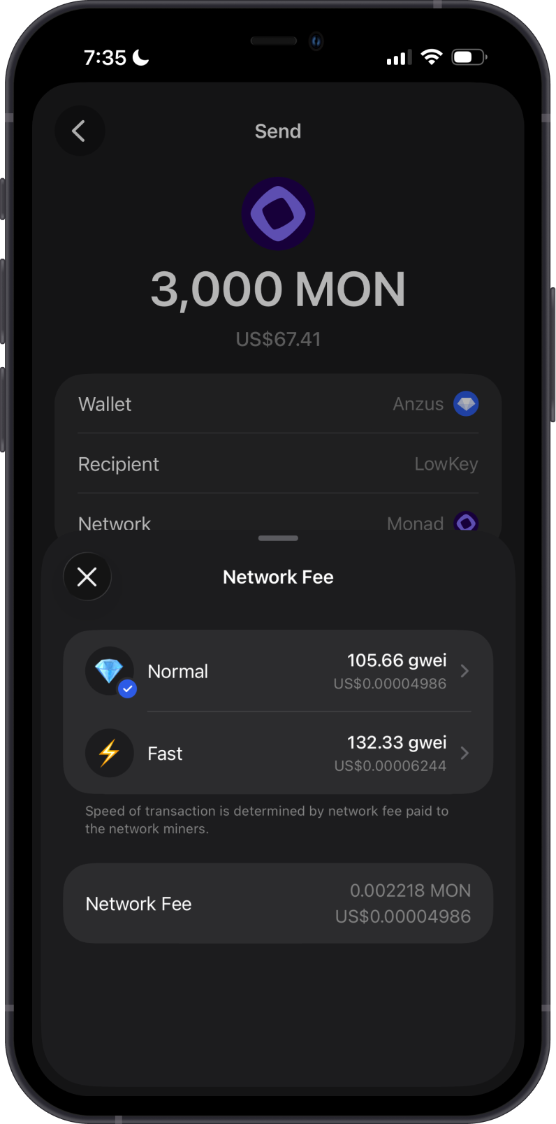 Network Fee when Sending USDC on Monad