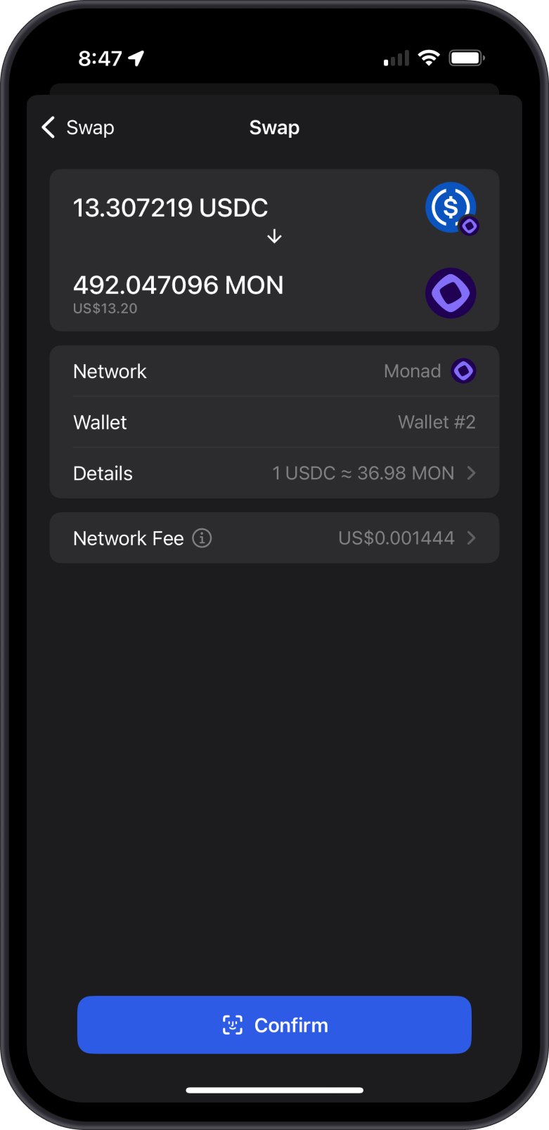 Swap USDC to MON Confirm