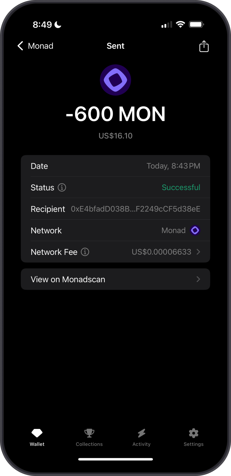 View Balance on Monadscan
