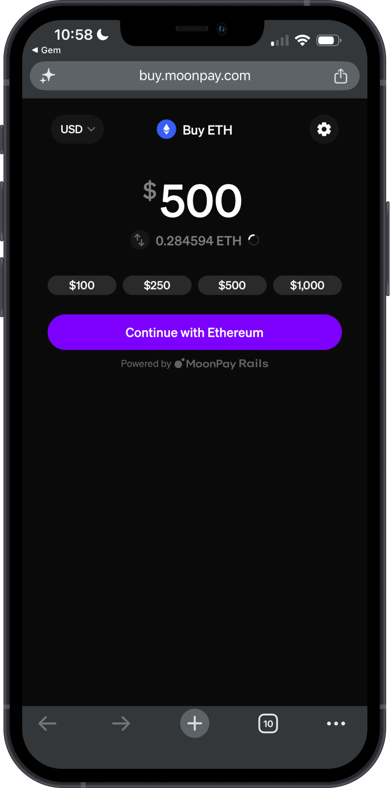 MoonPay Buy Screen
