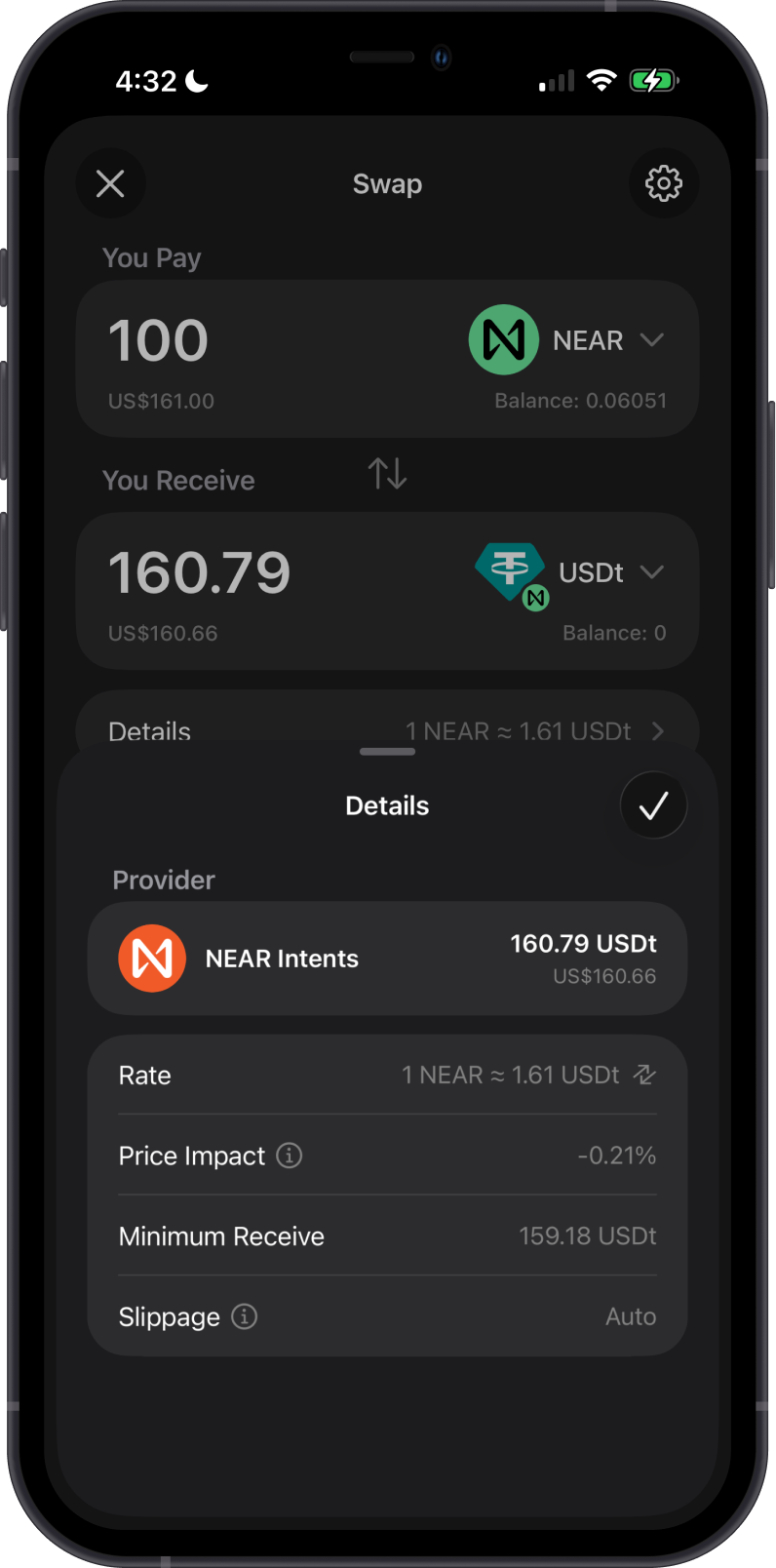 Review NEAR to USDT Swap Details