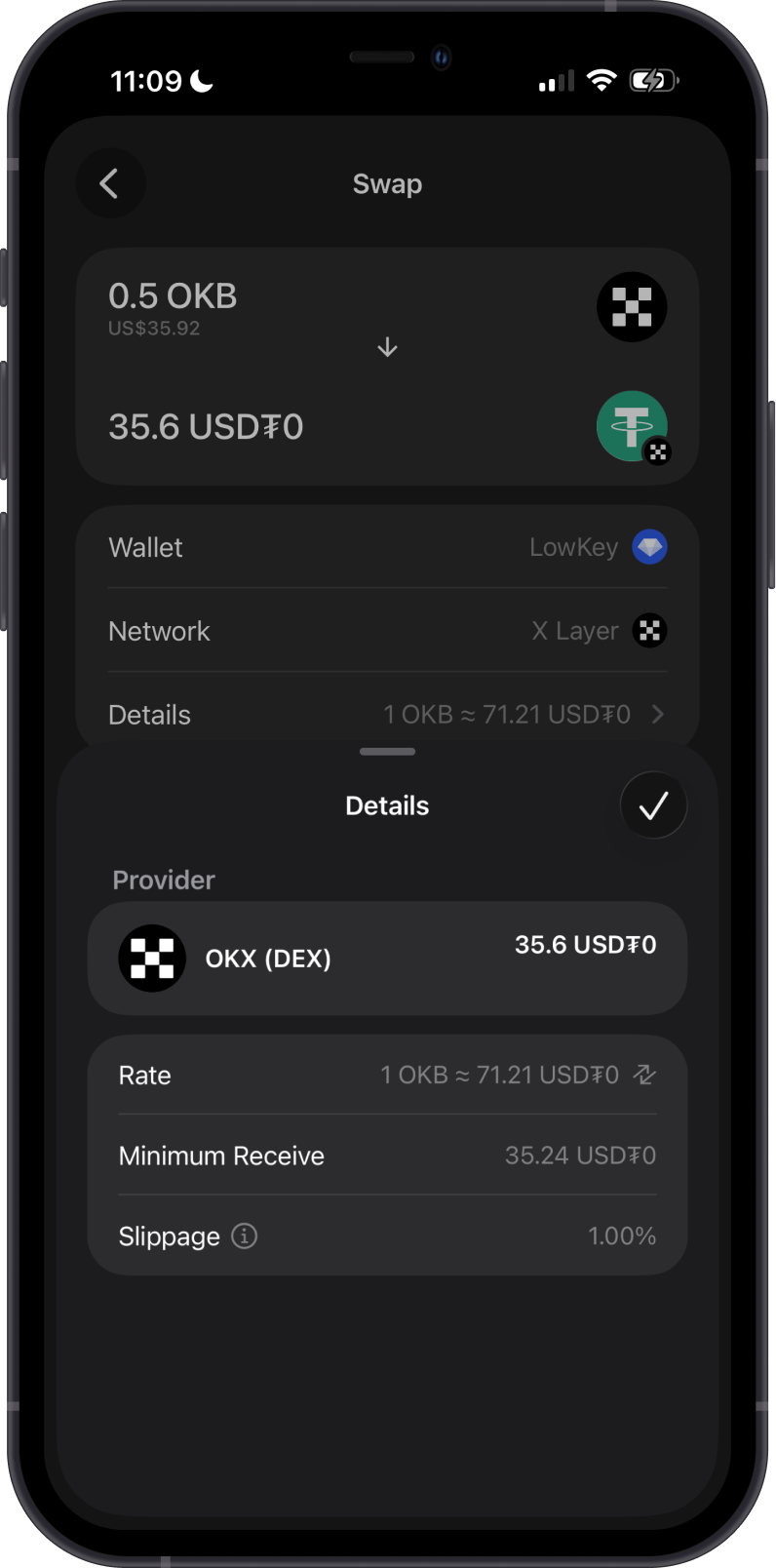 OKB Token Swap Details on Gem Wallet